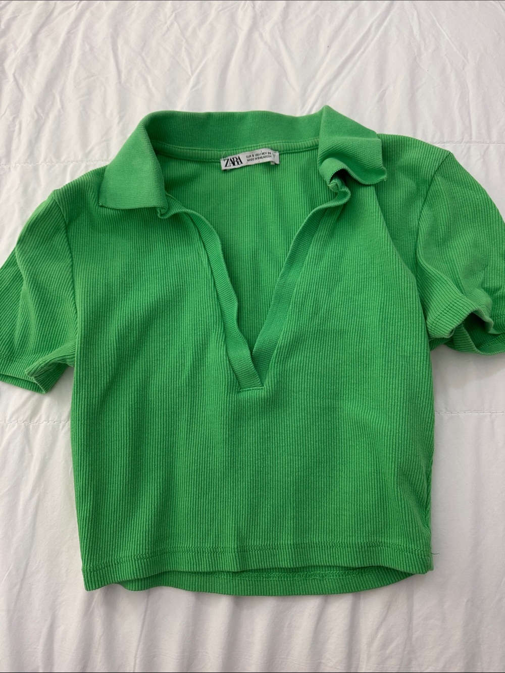 Zara Bright Green Ribbed Short-Sleeve Polo Top